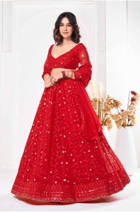 Red Georgette Printed Lehenga Choli with Dupatta LC8043