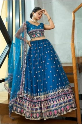 Printed Net Lehenga Choli in Turquoise LC8044
