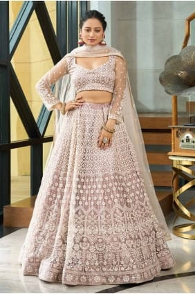 Net Lehenga Choli with Embroidered in Cream LC8048