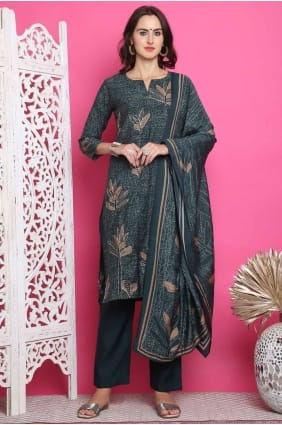 Muslin Printed Green Salwar Kameez with Dupatta SK154627