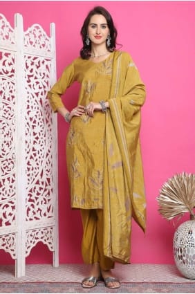 Printed Muslin Mustard Salwar Kameez with Dupatta SK154628
