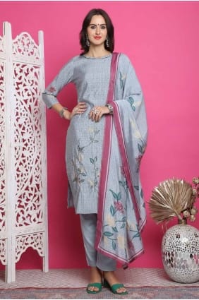 Grey Muslin Printed Salwar Kameez with Dupatta SK154631