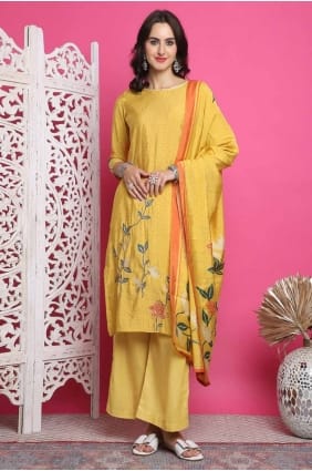Yellow Printed Muslin Salwar Kameez SK154632