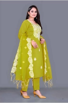 Avocado Straight Pant Suit in Chanderi with Embroidered SK154640