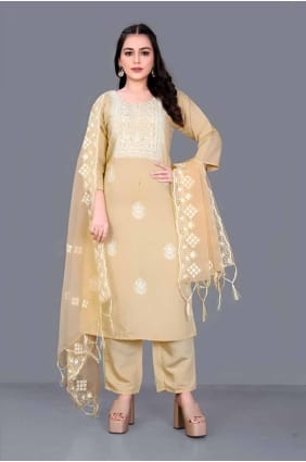 Embroidered Straight Pant Suit in Cream Chanderi SK154644