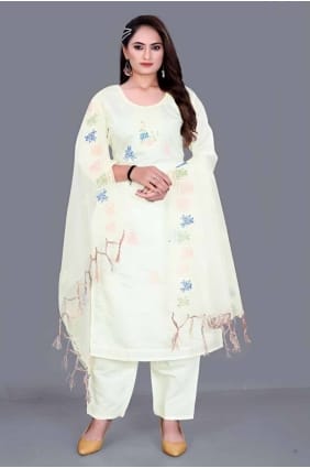 Chanderi Straight Pant Suit in Off sky white with Embroidered SK154646