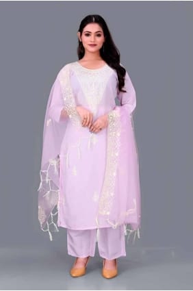 Straight Pant Suit in Lilac Chanderi with Embroidered SK154647