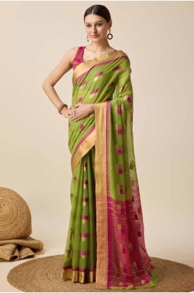 Cotton Mehandi Saree in Weaving SR27569
