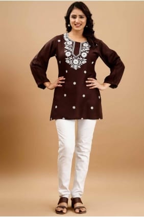 Brown Viscose Embroidered Kurti KTI2553