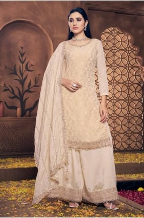 Cream Viscose Embroidered plazo Suit with Dupatta PZ4059