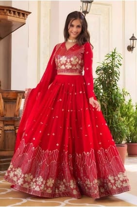 Red Lehenga Choli in Faux georgette with Embroidered LC8058