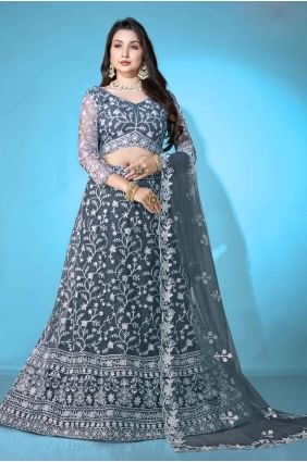 Embroidered Lehenga Choli in Lime green Net LC8065