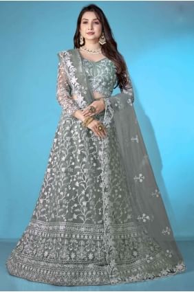 Embroidered Net Lehenga Choli in Dark grey LC8066
