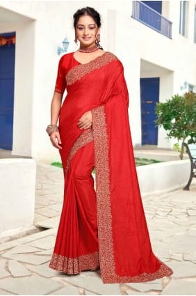 Red Embroidered Art silk Saree SR27580
