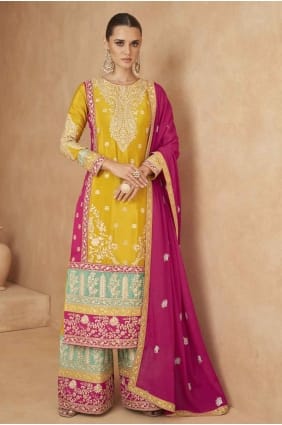 Plazo Suit in Yellow Chiffon with Embroidered PZ4062