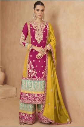 Chiffon plazo Suit in Pink with Embroidered PZ4063