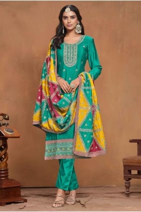 Embroidered Chiffon Green Straight Suit with Dupatta SK154665