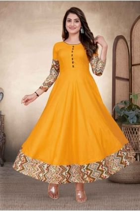 Printed Rayon gown in Yellow with Dupatta GW1010