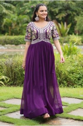 Bemberg Gown Dress in Plum with Embroidered GW01000