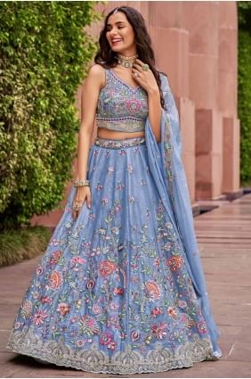 Thread Lehenga Choli in Turquoiseblue Organza LC8089