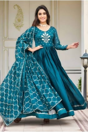 Teal Georgette Embroidered Gown Dress with Dupatta GW1006