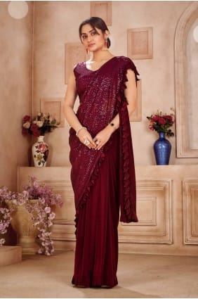 Dark maroon Sequins Silk Saree SR27587
