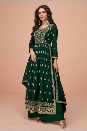 Sequins Silk Straight Pant Suit in Green with Dupatta SK154668