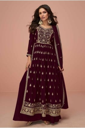 Sequins Silk Maroon Straight Pant Suit with Dupatta SK154670