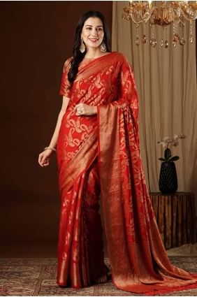 Silk Weaving Orange Saree with Blouse SR27595