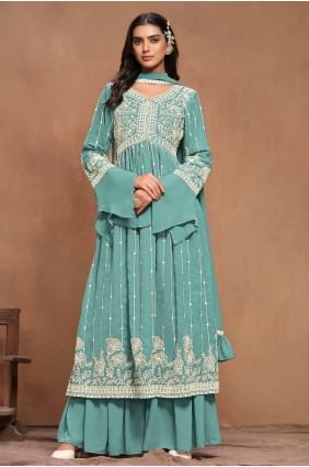 Tranquil blue Embroidered Faux georgette Straight Pant Suit SK154674
