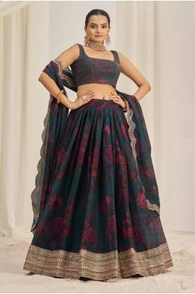 Organza Printed Teal Lehenga Choli with Dupatta LC8105