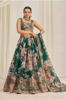 Organza Printed Dark green Lehenga Choli with Dupatta LC8108