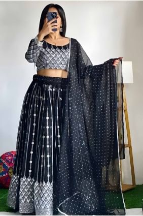 Thread Lehenga Choli in Black Faux georgette LC8109