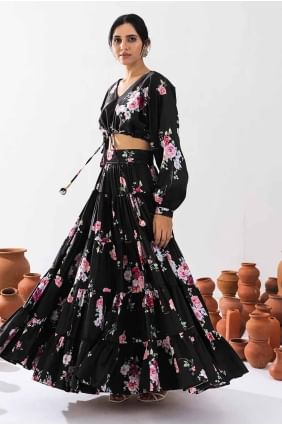 Black Chiffon Printed Lehenga Choli with Dupatta LC8136