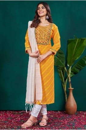 Rayon Yellow Straight Pant Suit in Printed SK155046