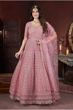 Net Peach Gown Dress in Embroidered GW1063