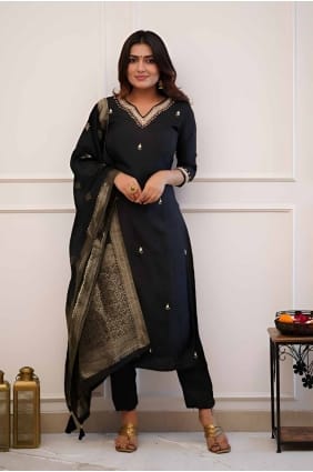 Embroidered Chanderi Straight Pant Suit in Black SK155047
