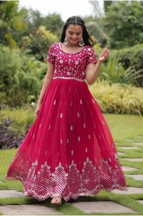 Embroidered Bemberg Gown Dress in Pink with Dupatta GW1067