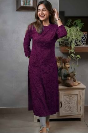 Printed Rayon Kurti in Wine KTI2630