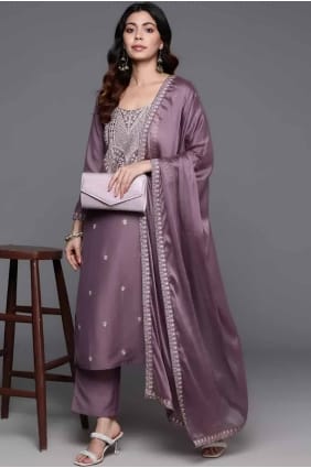 Embroidered Viscose Straight Pant Suit in Light wine with Dupatta SK155057