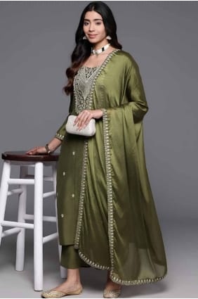 Embroidered Viscose Straight Pant Suit in Mahendi with Dupatta SK155058