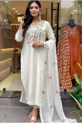 Viscose Straight Pant Suit in Off white with Embroidered SK155059