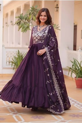 Embroidered Georgette Gown Dress in Wine GW1069