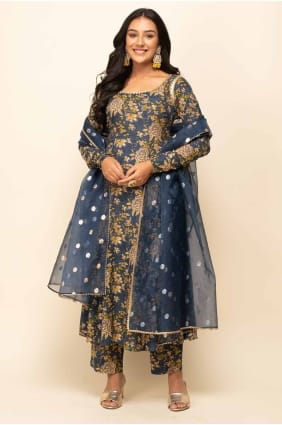 Cotton Straight Pant Suit in Navy blue with Lace SK155061