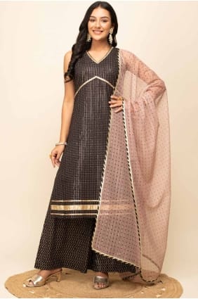 Black Lace Straight Pant Suit in Cotton SK155064