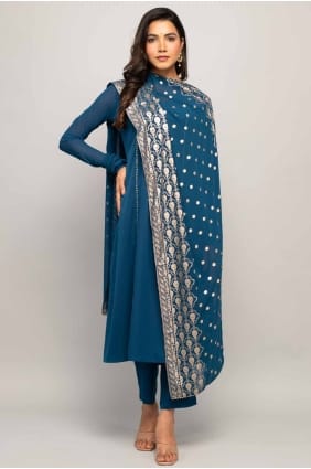 Crepe Straight Pant Suit in Teal blue with Lace SK155068