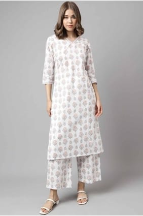 Printed Salwar Kameez in White Cotton SK155074