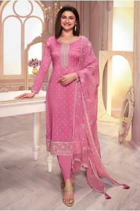 Pink Embroidered Straight Pant Suit in Georgette SK155080