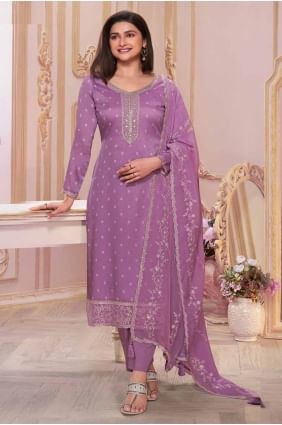 Purple Embroidered Georgette Straight Pant Suit SK155082