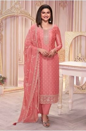 Georgette Straight Pant Suit with Embroidered in Orange SK155084